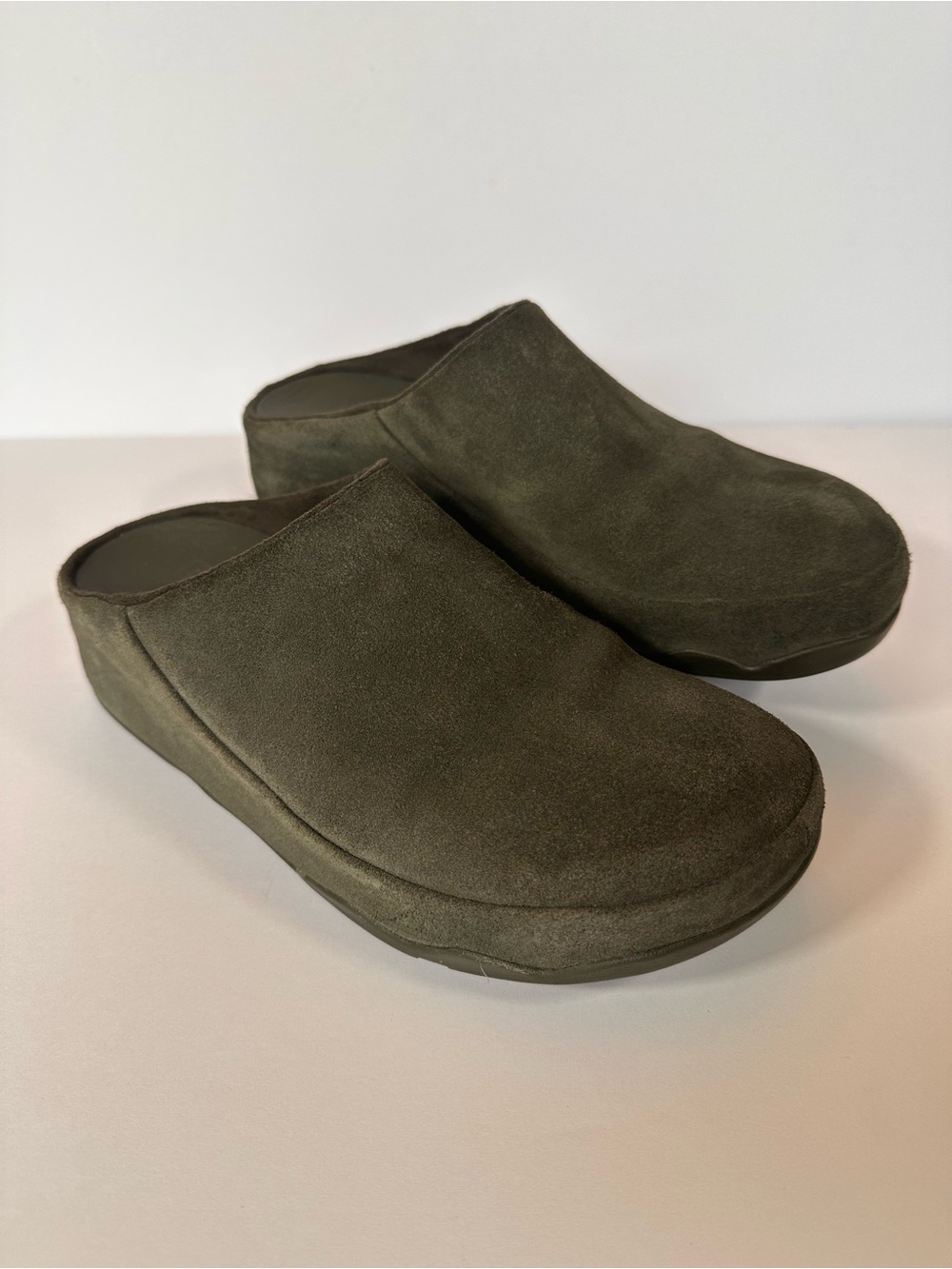 FitFlop Shuv Olive Green Suede Mule Clogs Platform Slip On Shoes US Women's 9